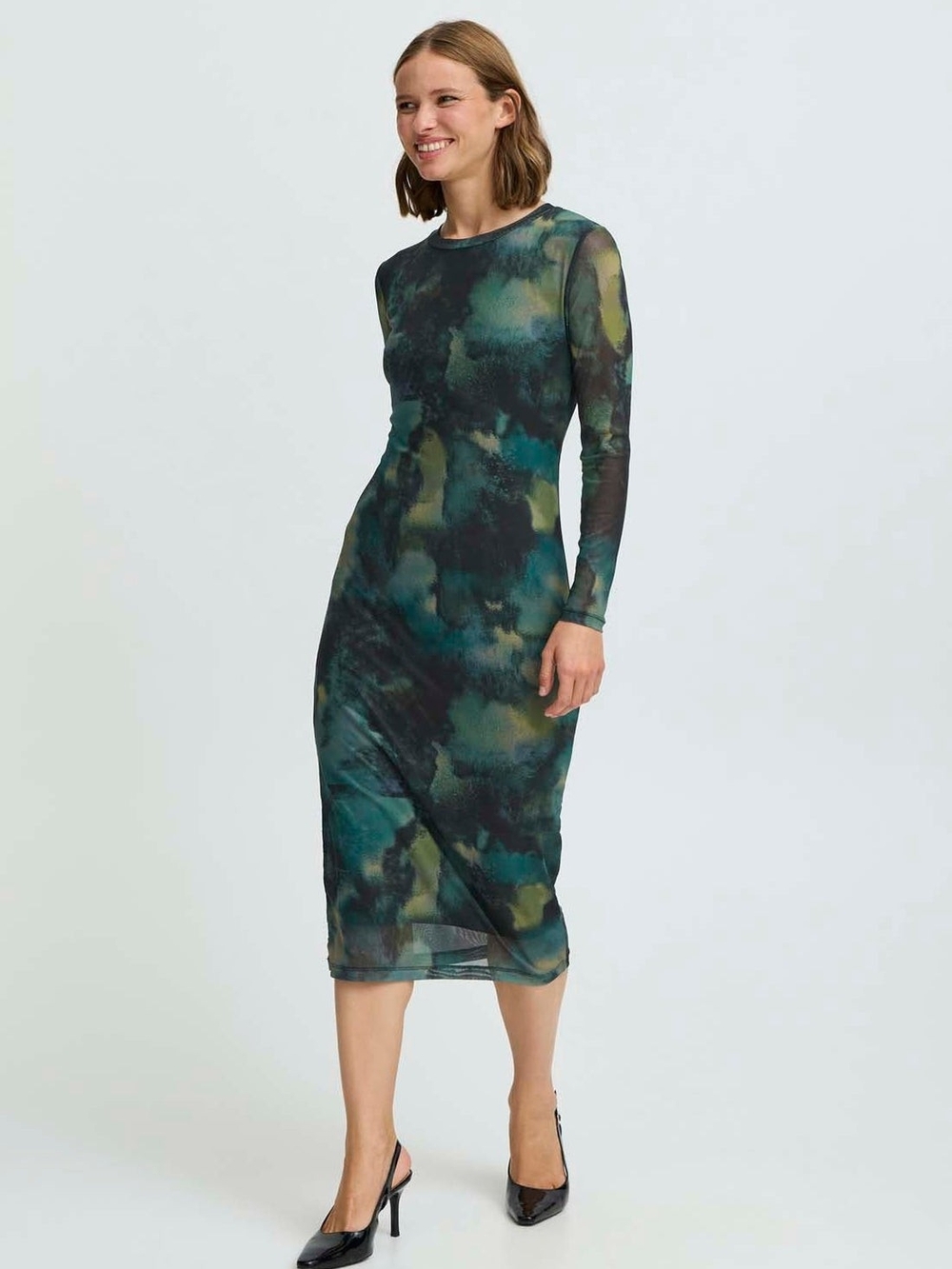 B.Young PALOMA Jersey Dress Long Sleeve Green Tie-Dye Mesh Midi Dress XS